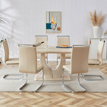 Load image into Gallery viewer, Table and chair set.Modern minimalist luxury MDF rectangular dining table with light yellow textured stickers on the table, 6 PU synthetic leather high backrest soft cushioned side chairs.
