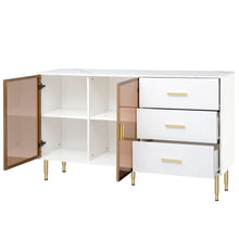 Carregar imagem no visualizador da galeria, Modern Sideboard MDF Buffet Cabinet Marble Sticker Tabletop and Amber-yellow Tempered Glass Doors with Gold Metal Legs &amp; Handles (White)
