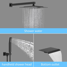 Carregar imagem no visualizador da galeria, Rain Mixer Shower Faucet Set with Waterfall Tub Spout 10 inch Square Rainfall Shower Head with Handheld Spray Matte Black Wall Mounted Pressure Balance Rough-in Valve and Trim Included
