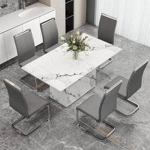 Carregar imagem no visualizador da galeria, A simple dining table. A dining table with a white marble pattern. 6 PU synthetic leather high backrest cushioned side chairs with C-shaped silver metal legs. DT-SQ-16090-wh
