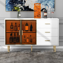 Carregar imagem no visualizador da galeria, Modern Sideboard MDF Buffet Cabinet Marble Sticker Tabletop and Amber-yellow Tempered Glass Doors with Gold Metal Legs &amp; Handles (White)
