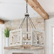 Load image into Gallery viewer, 4-Light Distressed White Wooden Drum Chandelier
