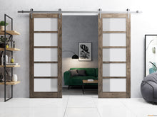 Cargar imagen en el visor de la galería, Quadro 4002 Cognac Oak Double Barn Door with Frosted Glass and Silver Rail
