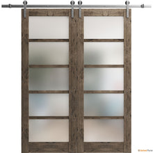 Load image into Gallery viewer, Quadro 4002 Cognac Oak Double Barn Door with Frosted Glass and Silver Rail
