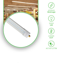 Carregar imagem no visualizador da galeria, T8 8FT LED Tube Light 40W 5000K, 5000 Lumens, single and double end power,120-277 v, ETL Certified
