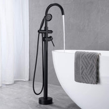 Carregar imagem no visualizador da galeria, Freestanding Tub Filler Bathtub Faucet Matte Black with Hand Held Shower Floor-Mount
