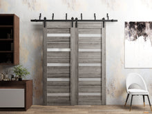 Load image into Gallery viewer, Quadro 4445 Nebraska Grey Double Barn Door with Frosted Glass and Black Bypass Rail
