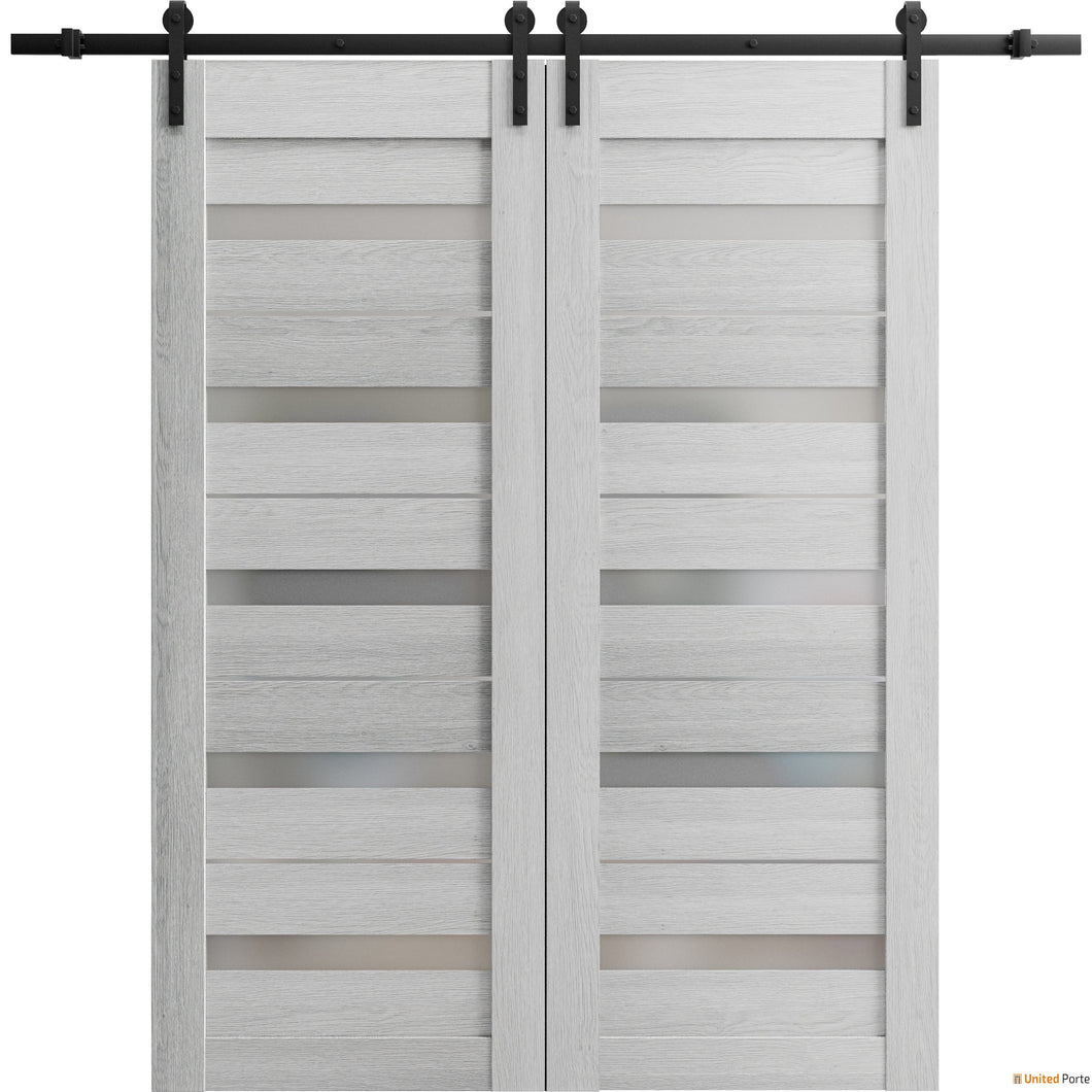 Quadro 4445 Light Grey Oak Double Barn Door with Frosted Glass and Black Rail