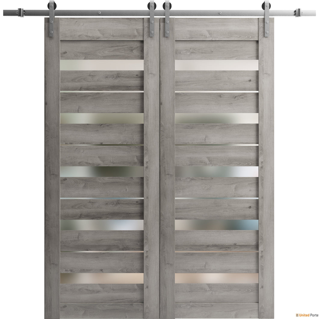 Quadro 4445 Nebraska Grey Double Barn Door with Frosted Glass and Silver Rail