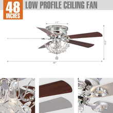 Load image into Gallery viewer, 48&quot; Aitutaki Modern Chrome Flush Mount Reversible Crystal Ceiling Fan with Lighting and Remote Control
