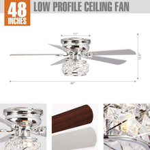 Load image into Gallery viewer, 48&quot; Modern Chrome Flush Mount Reversible Crystal Ceiling Fan with Lighting and Remote Control
