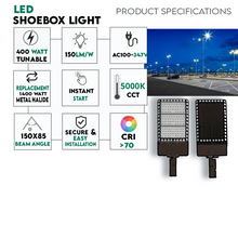 Cargar imagen en el visor de la galería, 400W Tunable Outdoor LED Area Light: 60,000 Lumens, 5000K CCT, 100-347V, Dimmable, IP66 Waterproof LED Parking Lot Lights
