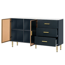 Carregar imagem no visualizador da galeria, Modern Sideboard MDF Buffet Cabinet Marble Sticker Tabletop and Amber-yellow Tempered Glass Doors with Gold Metal Legs &amp; Handles (Navy Blue)
