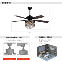 Load image into Gallery viewer, 52&quot; Berkshire Modern Downrod Mount Reversible Crystal Ceiling Fan with Lighting and Remote Control
