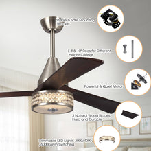 Load image into Gallery viewer, 52&quot; Farmhouse Satin Nickel Downrod Mount Reversible Crystal Ceiling Fan with Lighting and Remote Control
