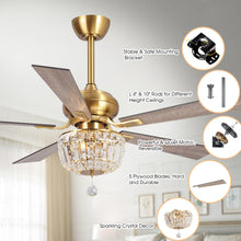 Cargar imagen en el visor de la galería, 52&quot; Ganga Modern Downrod Mount Reversible Crystal Ceiling Fan with Lighting and Remote Control
