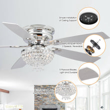 Cargar imagen en el visor de la galería, 52&quot; Kanpur Modern Chrome Flush Mount Reversible Crystal Ceiling Fan with Lighting and Remote Control
