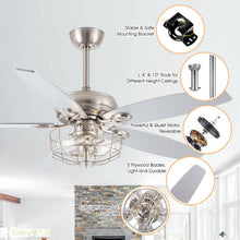 Carregar imagem no visualizador da galeria, 52&quot; Kyla Industrial Brushed Nickel Reversible Caged Ceiling Fan with Lighting
