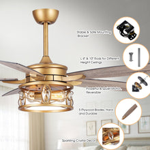 Cargar imagen en el visor de la galería, 52&quot; Madhya Pradesh Modern Downrod Mount Reversible Crystal Ceiling Fan with Lighting and Remote Control
