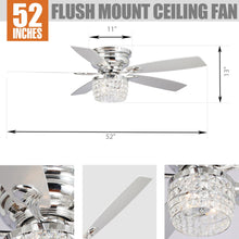 Cargar imagen en el visor de la galería, 52&quot; Panipat Modern Chrome Flush Mount Reversible Crystal Ceiling Fan with Lighting and Remote Control
