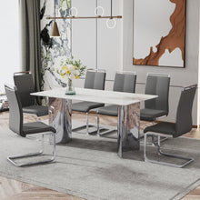 Load image into Gallery viewer, Modern minimalist dining table. Imitation marble glass sticker desktop, stainless steel legs, stable and beautiful. 6 premium PU seats. 63 inches x 35.4 inches x 29.5 inches DT-69
