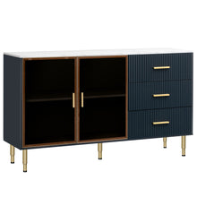 Carregar imagem no visualizador da galeria, Modern Sideboard MDF Buffet Cabinet Marble Sticker Tabletop and Amber-yellow Tempered Glass Doors with Gold Metal Legs &amp; Handles (Navy Blue)
