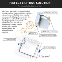 Cargar imagen en el visor de la galería, 4 Inch 5CCT Can less LED Downlight - Ultra Slim Square Design with Junction Box (Flat &amp; Baffle Trim) - 10W, 650lm, 120V AC, 90+ CRI
