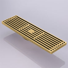 Carregar imagem no visualizador da galeria, 12-Inch Brushed Gold Rectangular Floor Drain - Square Hole Pattern Cover Grate - Removable - Includes Accessories

