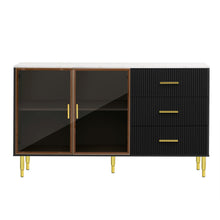 Carregar imagem no visualizador da galeria, Modern Sideboard MDF Buffet Cabinet Marble Sticker Tabletop and Amber-yellow Tempered Glass Doors with Gold Metal Legs &amp; Handles (Black)
