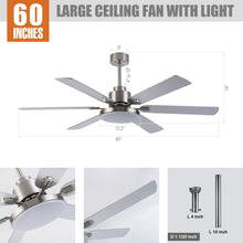 Carregar imagem no visualizador da galeria, 60&quot; Lucknow Modern Satin Nickel DC Motor Downrod Mount Reversible Ceiling Fan with Lighting and Remote Control
