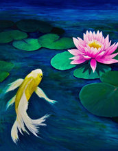 Load image into Gallery viewer, Koi Fish with Pink Water Lily Painting Wall Mural. #6000
