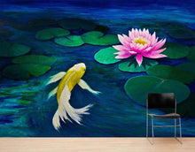 Load image into Gallery viewer, Koi Fish with Pink Water Lily Painting Wall Mural. #6000
