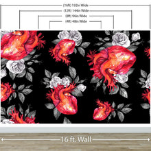 Load image into Gallery viewer, Valentines Hearts and Roses Watercolor Pattern Wall Mural. Black background. #6136
