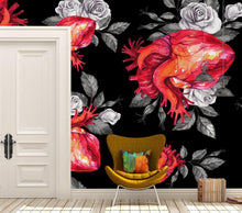 Cargar imagen en el visor de la galería, Valentines Hearts and Roses Watercolor Pattern Wall Mural. Black background. #6136
