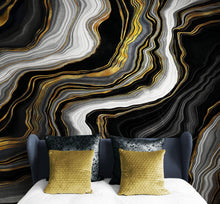 Load image into Gallery viewer, Black and Gold Abstract Marble Stone Pattern Peel and Stick Wallpaper. #6146
