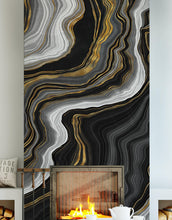 Load image into Gallery viewer, Black and Gold Abstract Marble Stone Pattern Peel and Stick Wallpaper. #6146
