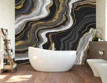 Load image into Gallery viewer, Black and Gold Abstract Marble Stone Pattern Peel and Stick Wallpaper. #6146
