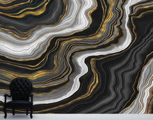 Load image into Gallery viewer, Black and Gold Abstract Marble Stone Pattern Peel and Stick Wallpaper. #6146
