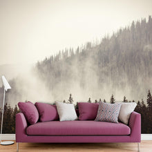 Cargar imagen en el visor de la galería, Foggy Misty Forest Tree Over Mountain Wall Mural. #6171
