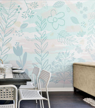 Load image into Gallery viewer, Pastel Botanical Nature Wallpaper Mural. Leafs and Flowers Design. #6195
