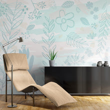 Load image into Gallery viewer, Pastel Botanical Nature Wallpaper Mural. Leafs and Flowers Design. #6195
