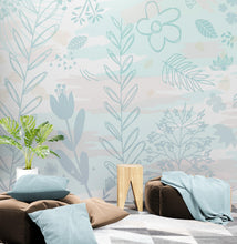 Load image into Gallery viewer, Pastel Botanical Nature Wallpaper Mural. Leafs and Flowers Design. #6195
