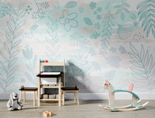 Load image into Gallery viewer, Pastel Botanical Nature Wallpaper Mural. Leafs and Flowers Design. #6195
