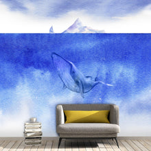 Cargar imagen en el visor de la galería, Whale in Ocean Wall Mural. Watercolor artwork of whale, island and sailboat. Peel and Stick Wallpaper. #6197
