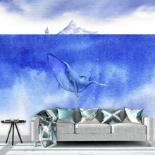 Cargar imagen en el visor de la galería, Whale in Ocean Wall Mural. Watercolor artwork of whale, island and sailboat. Peel and Stick Wallpaper. #6197
