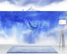 Cargar imagen en el visor de la galería, Whale in Ocean Wall Mural. Watercolor artwork of whale, island and sailboat. Peel and Stick Wallpaper. #6197
