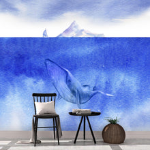 Cargar imagen en el visor de la galería, Whale in Ocean Wall Mural. Watercolor artwork of whale, island and sailboat. Peel and Stick Wallpaper. #6197
