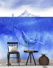 Cargar imagen en el visor de la galería, Whale in Ocean Wall Mural. Watercolor artwork of whale, island and sailboat. Peel and Stick Wallpaper. #6197
