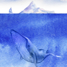 Load image into Gallery viewer, Whale in Ocean Wall Mural. Watercolor artwork of whale, island and sailboat. Peel and Stick Wallpaper. #6197
