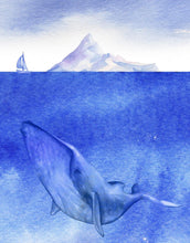 Load image into Gallery viewer, Whale in Ocean Wall Mural. Watercolor artwork of whale, island and sailboat. Peel and Stick Wallpaper. #6197
